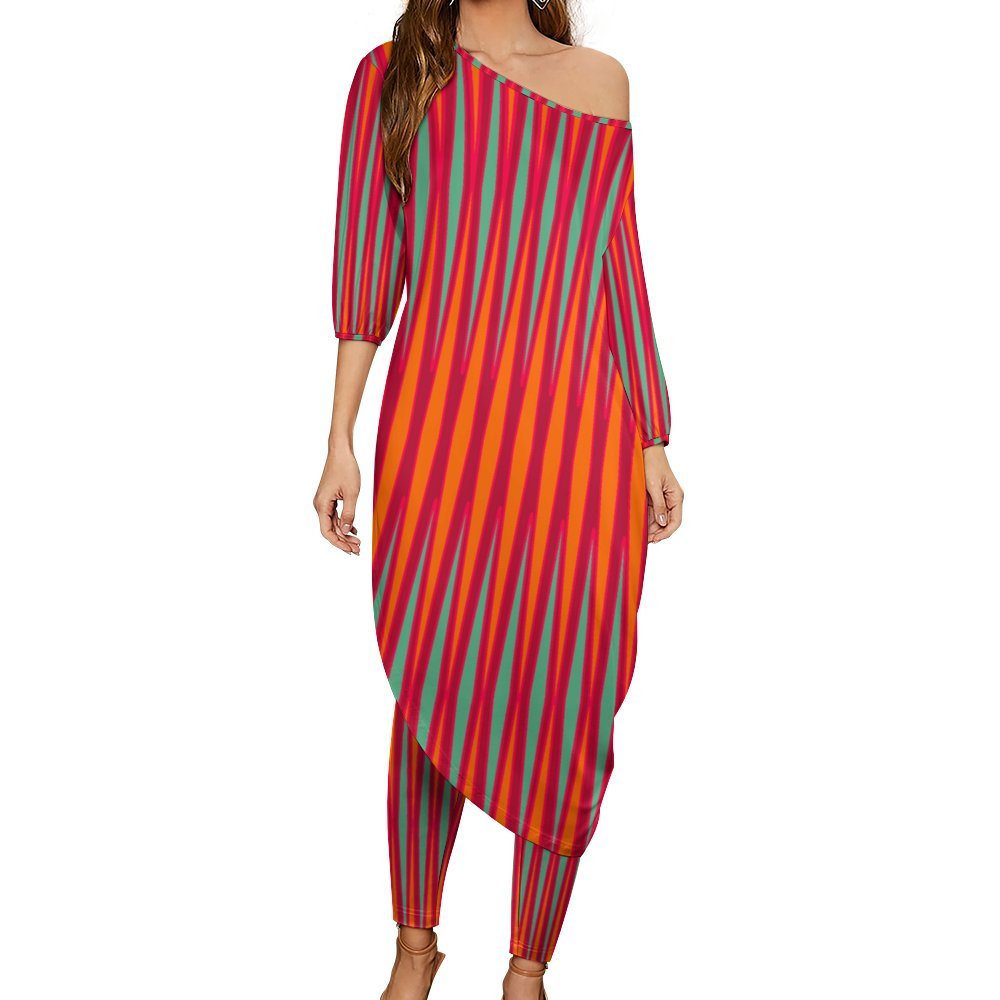 Tribal orange azure magenta fucsia 2 Women's Off Shoulder Two-piece Set