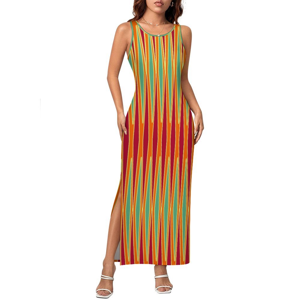 Tribal striped burgundy orange cream azure cyan Sleeveless Bodycon Side Slit Long Dress