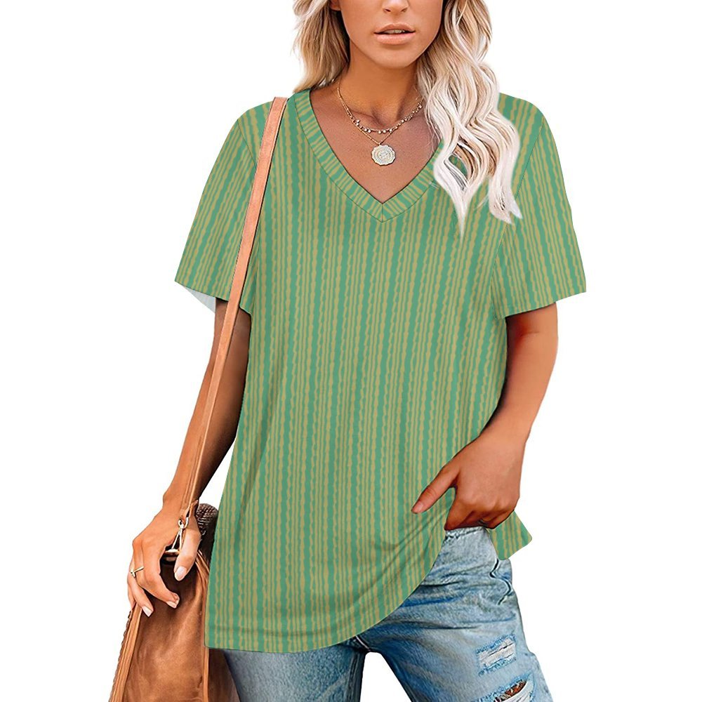 boho cyan & beige striped Women's Short-Sleeve V-Neck T-Shirt