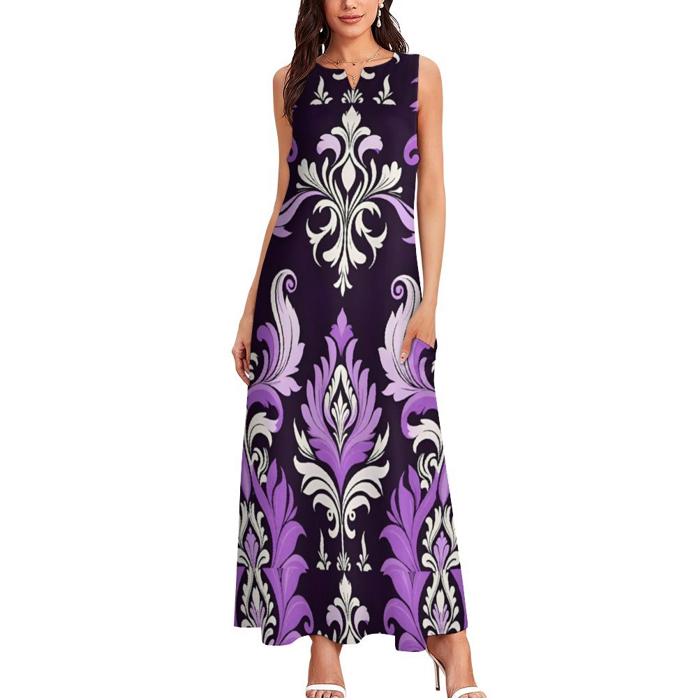 Purple and Black Damask Pattern Long dress Sleeveless Long Dress (GQ)