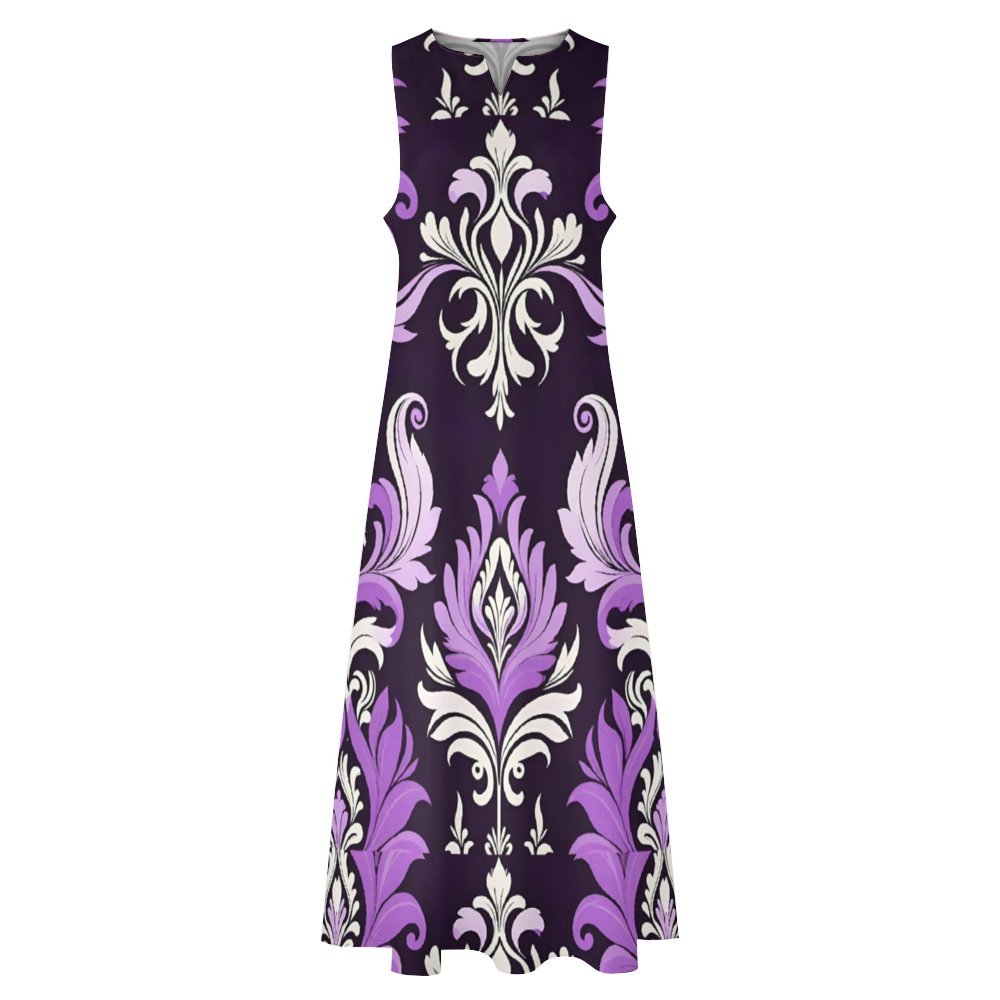 Purple and Black Damask Pattern Long dress Sleeveless Long Dress (GQ)