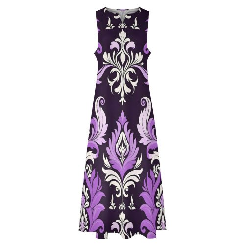 Purple and Black Damask Pattern Long dress Sleeveless Long Dress (GQ)