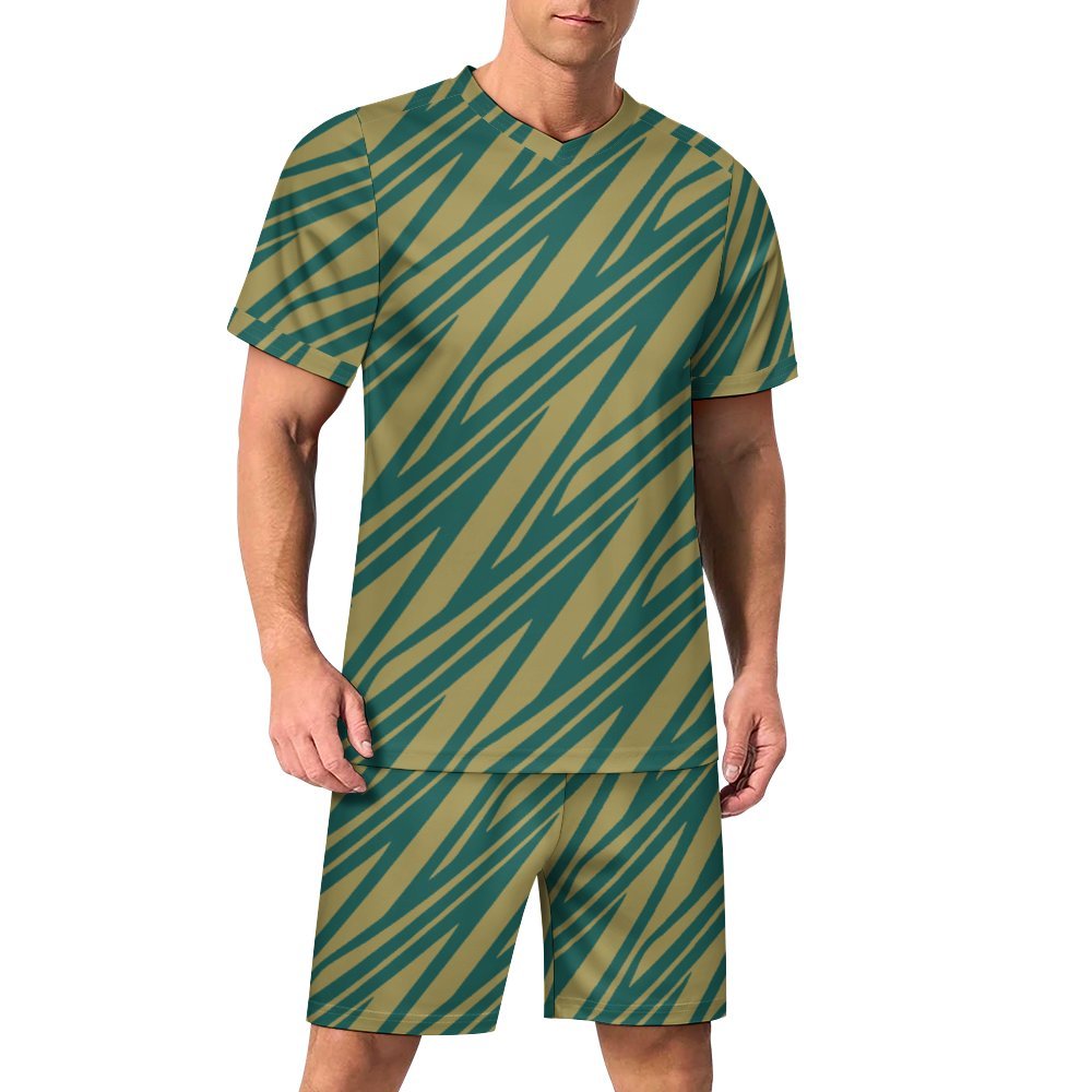 teal beige bohemian geometrical V-neck Soccer Jersey  Suit