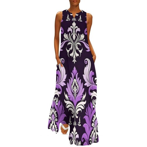 Purple and Black Damask Pattern Long dress Sleeveless Long Dress (GQ)