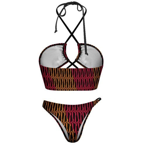 geo retro black fucsia orange Bikini Swimsuit (J197D59)