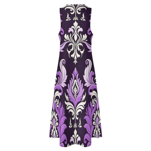 Purple and Black Damask Pattern Long dress Sleeveless Long Dress (GQ)