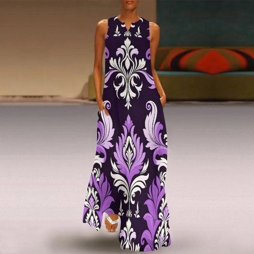 Purple and Black Damask Pattern Long dress Sleeveless Long Dress (GQ)