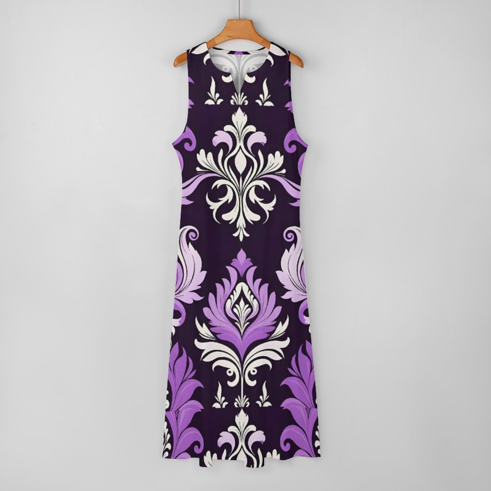 Purple and Black Damask Pattern Long dress Sleeveless Long Dress (GQ)