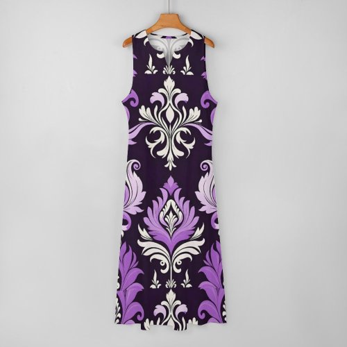 Purple and Black Damask Pattern Long dress Sleeveless Long Dress (GQ)