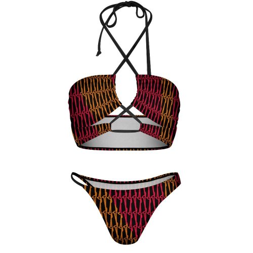 geo retro black fucsia orange Bikini Swimsuit (J197D59)