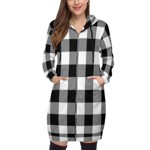 Black and White Buffalo Plaid Women's Hooded Sweatshirt Dress