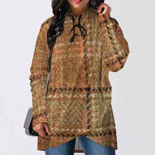 Tan Plaid Women's Mid-length Slim Fit Hoodie