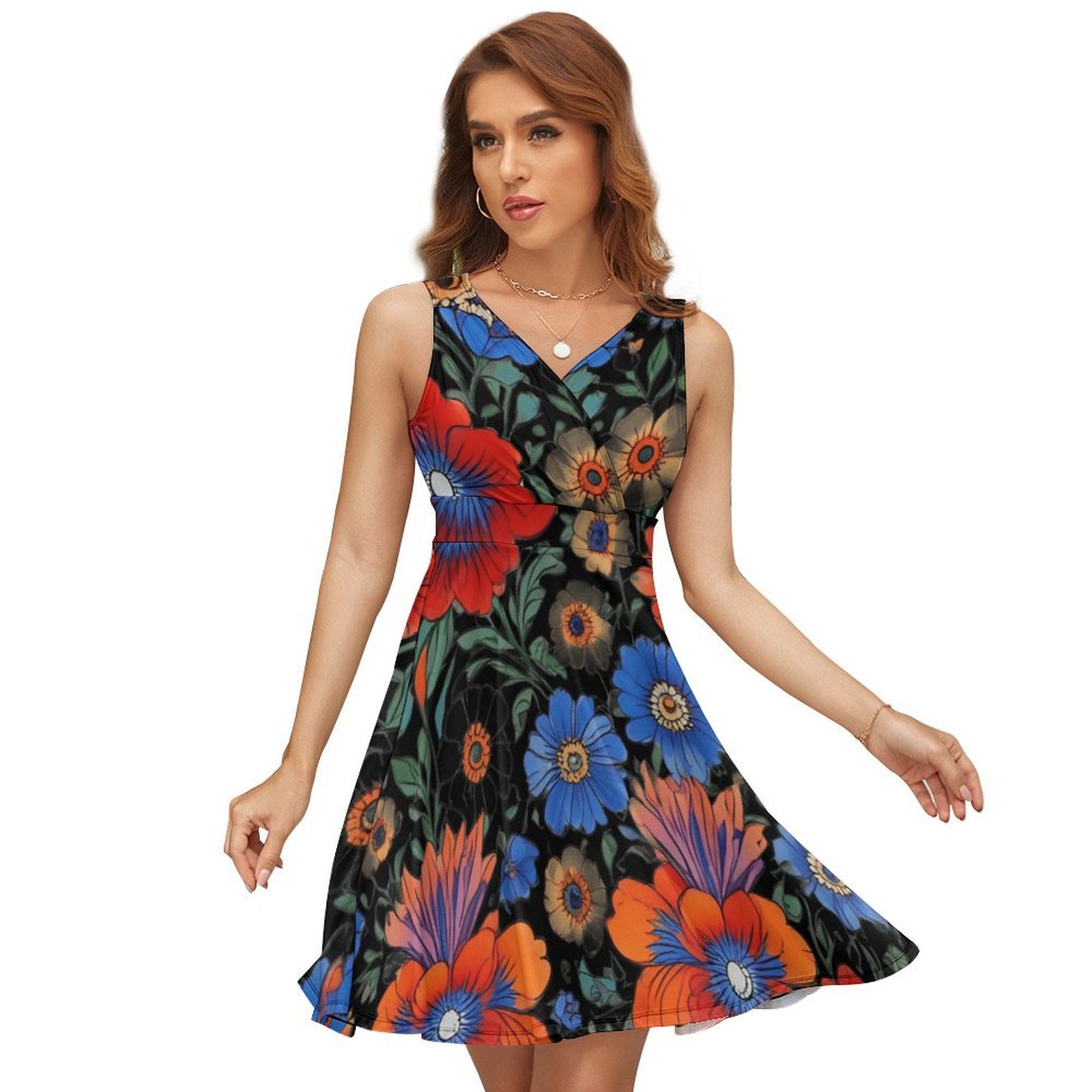 Flowers V-Neck Sleeveless Dress (NZ022)