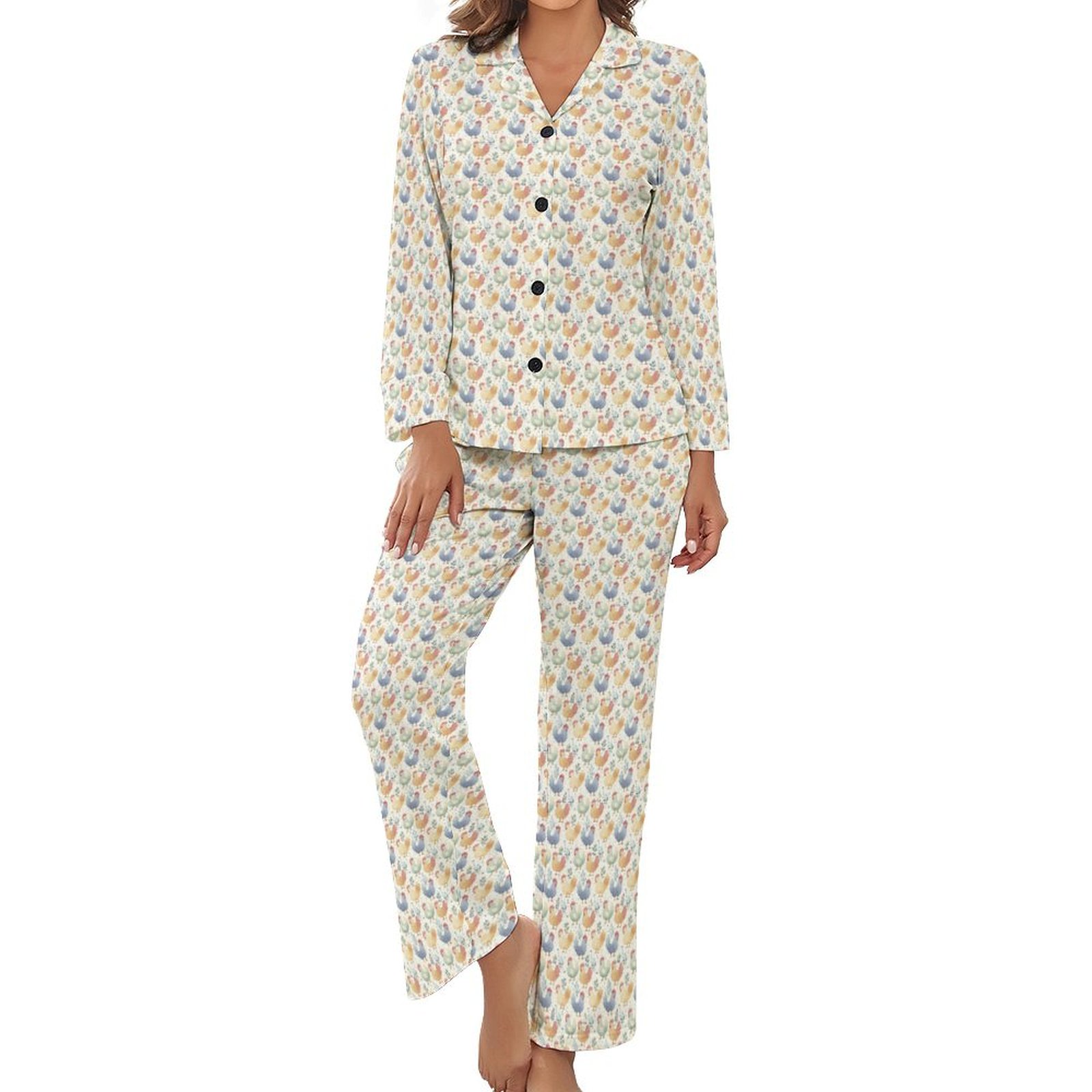 Pastel Colored Chicken Themed Pajamas Women's Long Pajama Set (DTZ)