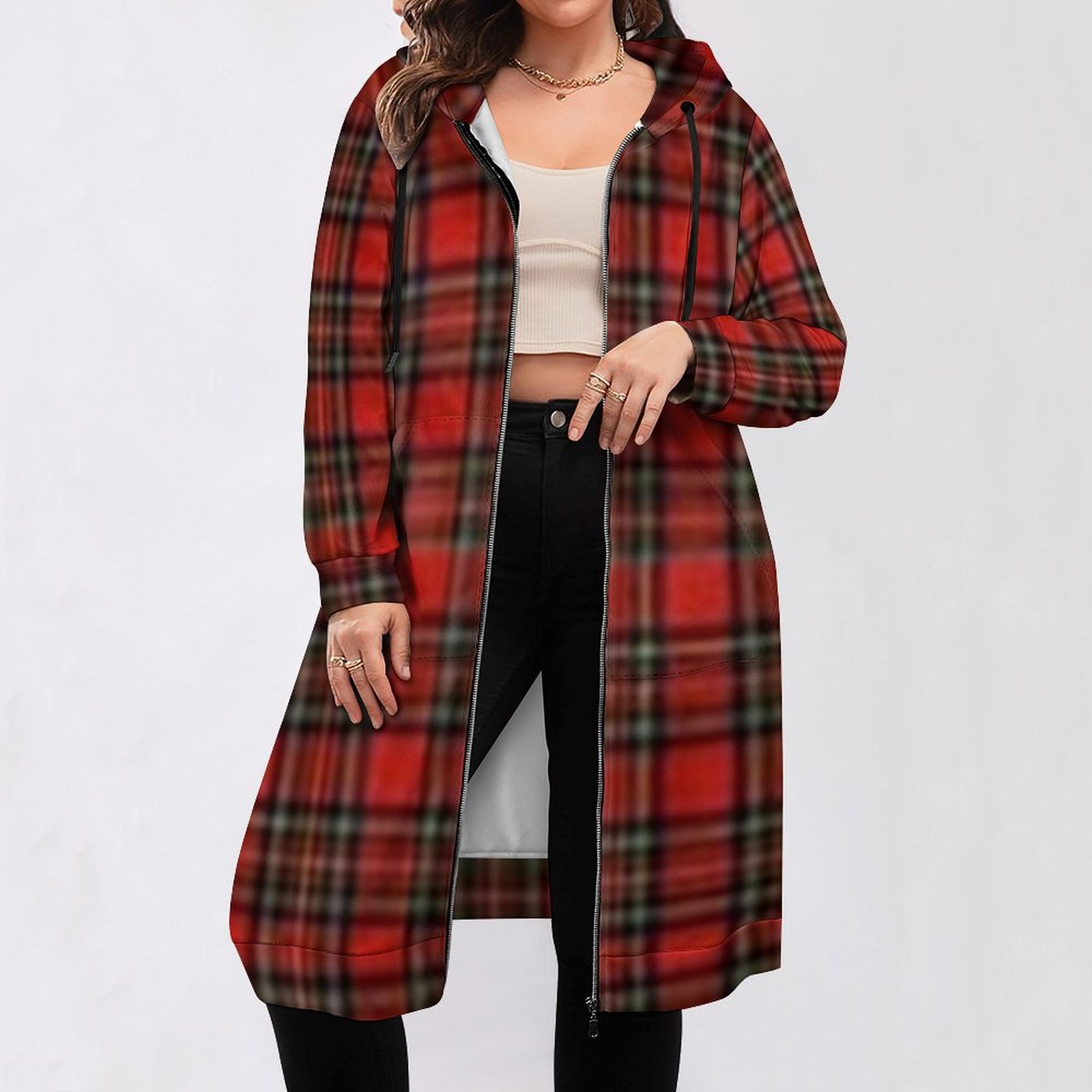 Red Plaid Women's Hooded Sweatshirt Dress