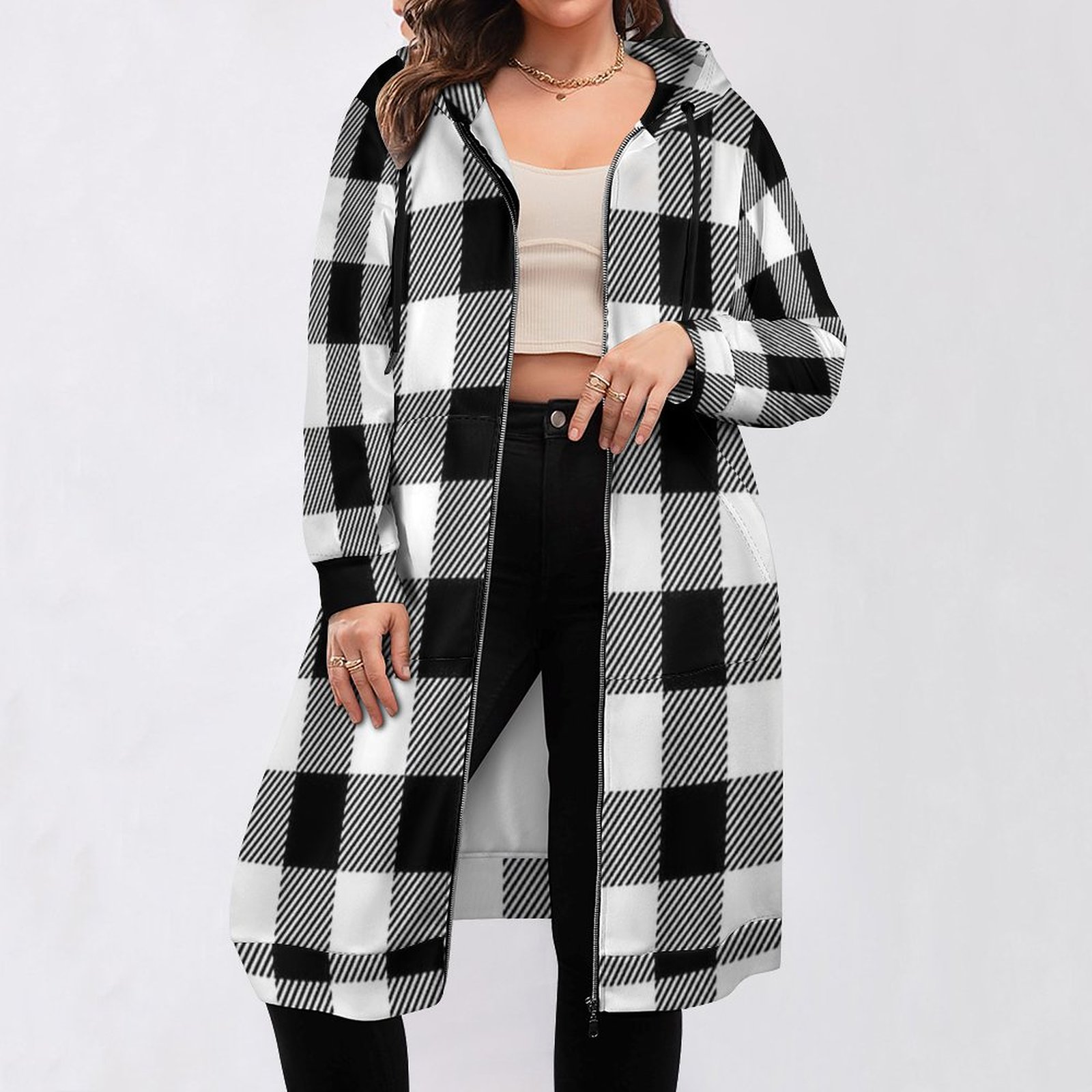 Black and White Buffalo Plaid Women's Hooded Sweatshirt Dress