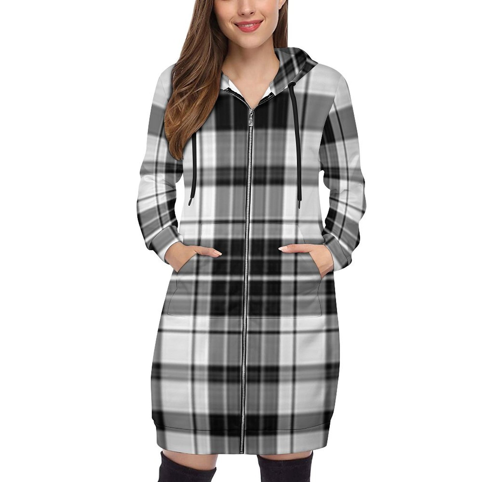 Black and White Plaid Women's Hooded Sweatshirt Dress