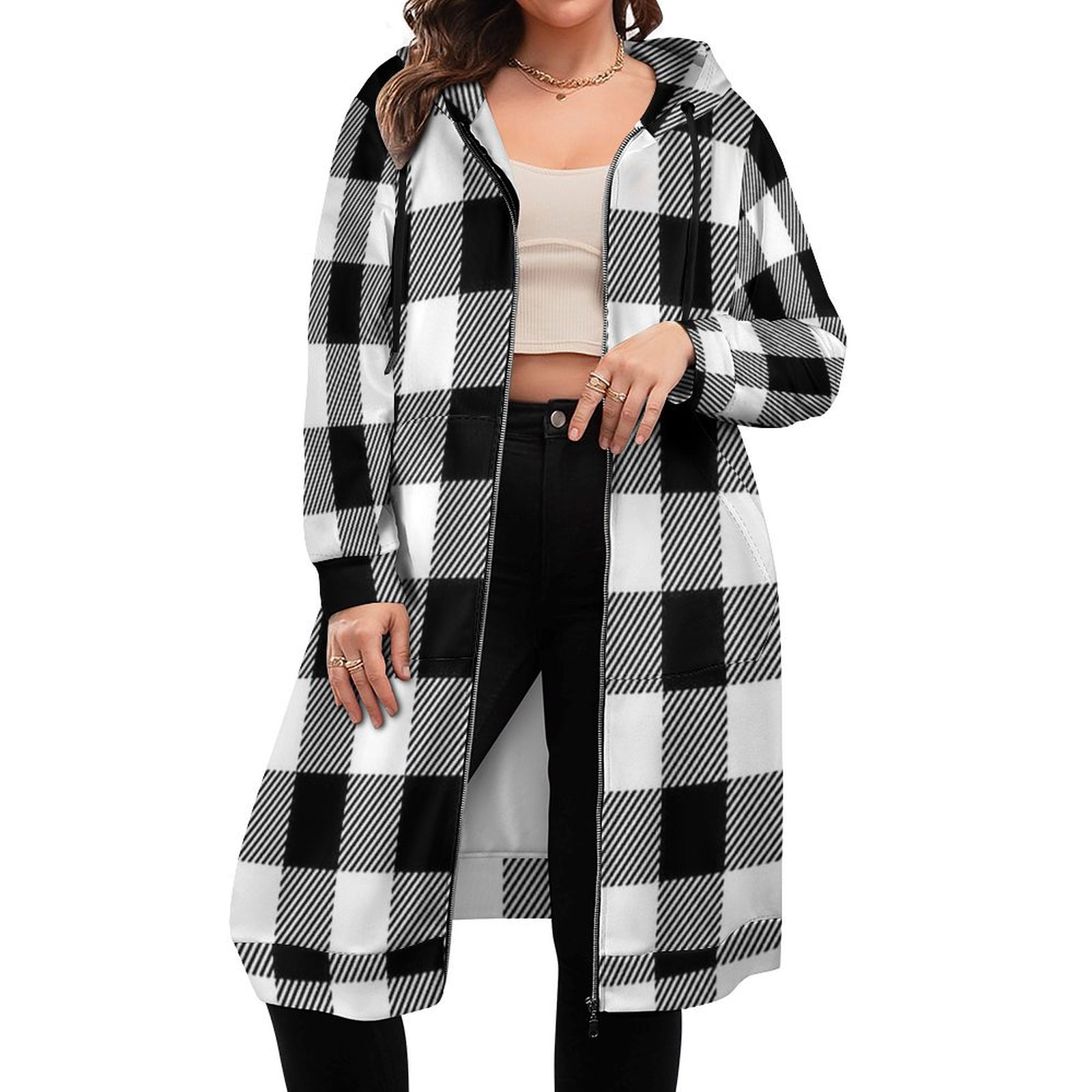 Black and White Buffalo Plaid Women's Hooded Sweatshirt Dress