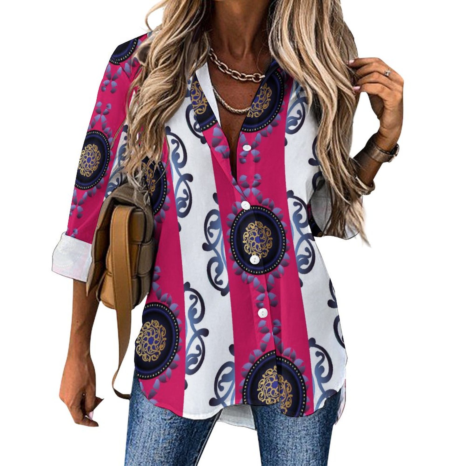 Cropped hem shirt Kukloso Abstract No 619 Long Sleeve Blouse (B648)