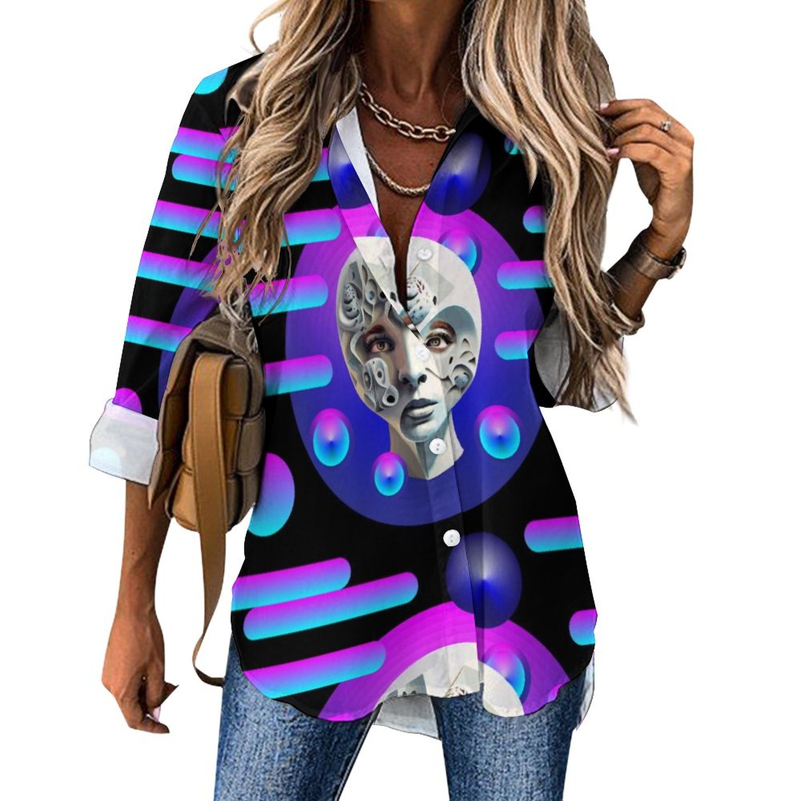Cropped hem shirt KUkloso Abstract No 291 Long Sleeve Blouse (B648)