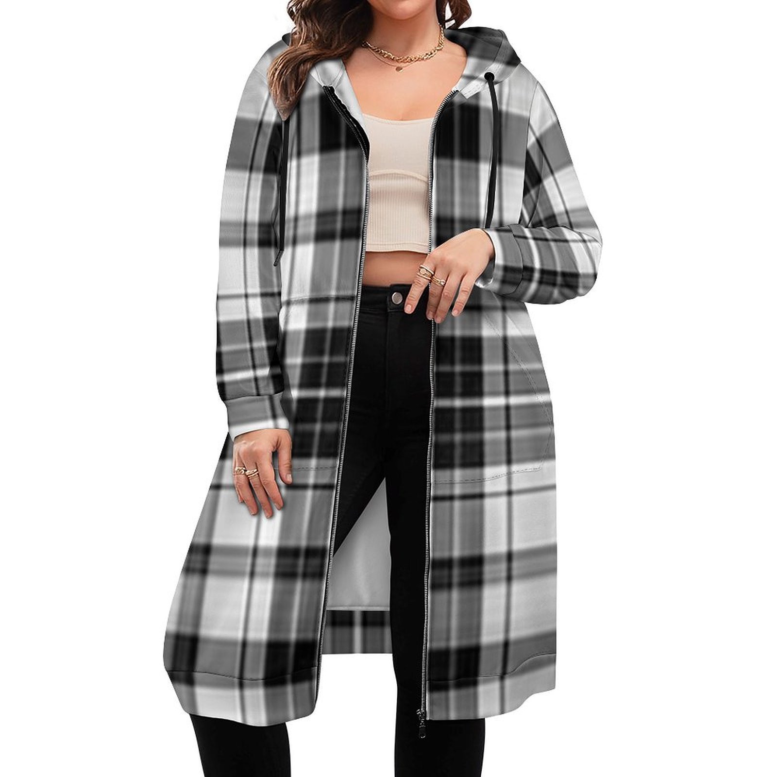 Black and White Plaid Women's Hooded Sweatshirt Dress