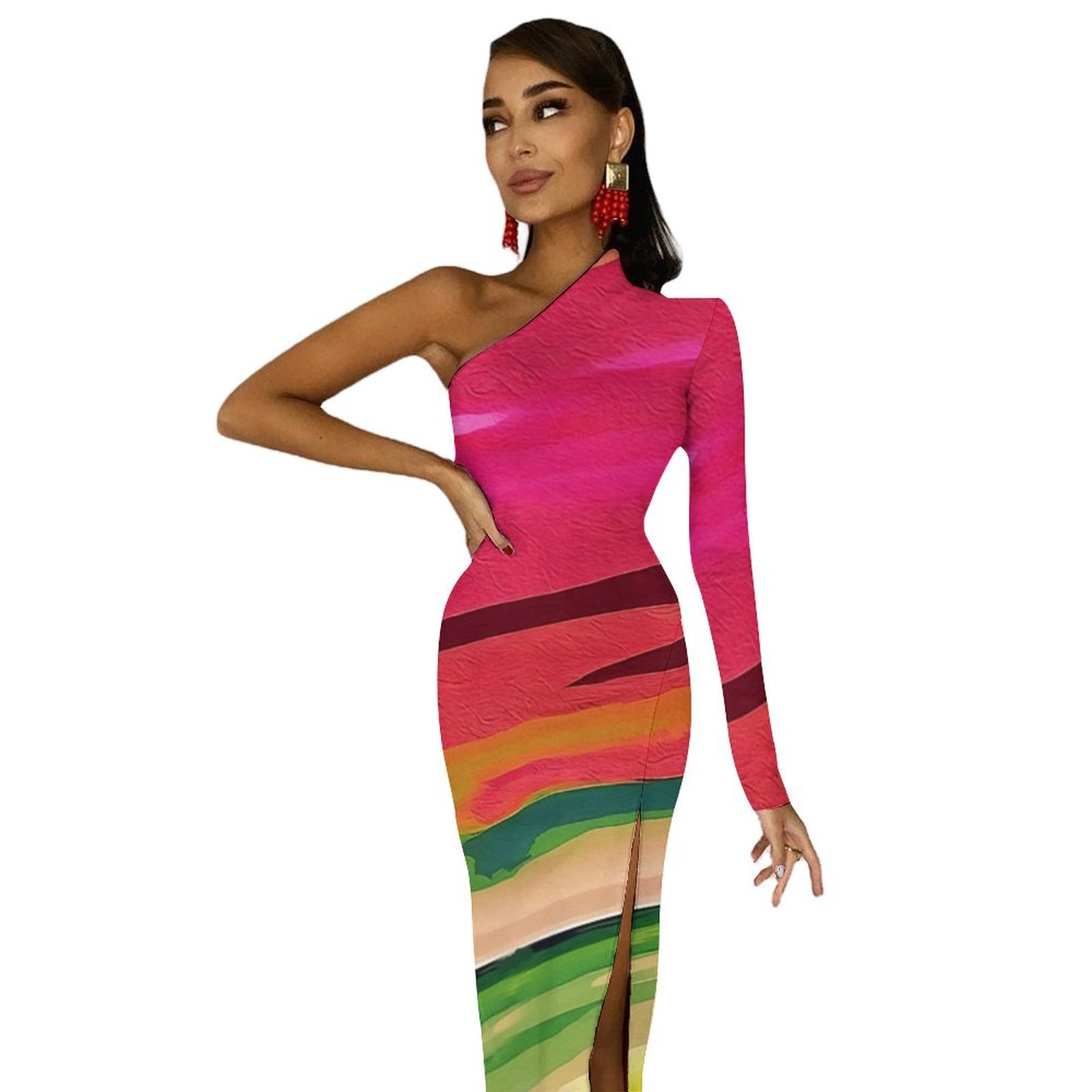 Half sleeve split dress One-Shoulder Slit Maxi Dress