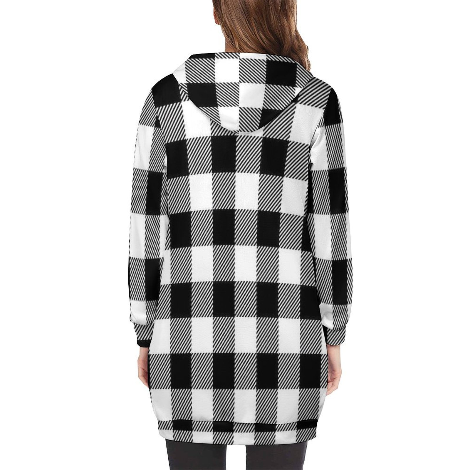 Black and White Buffalo Plaid Women's Hooded Sweatshirt Dress