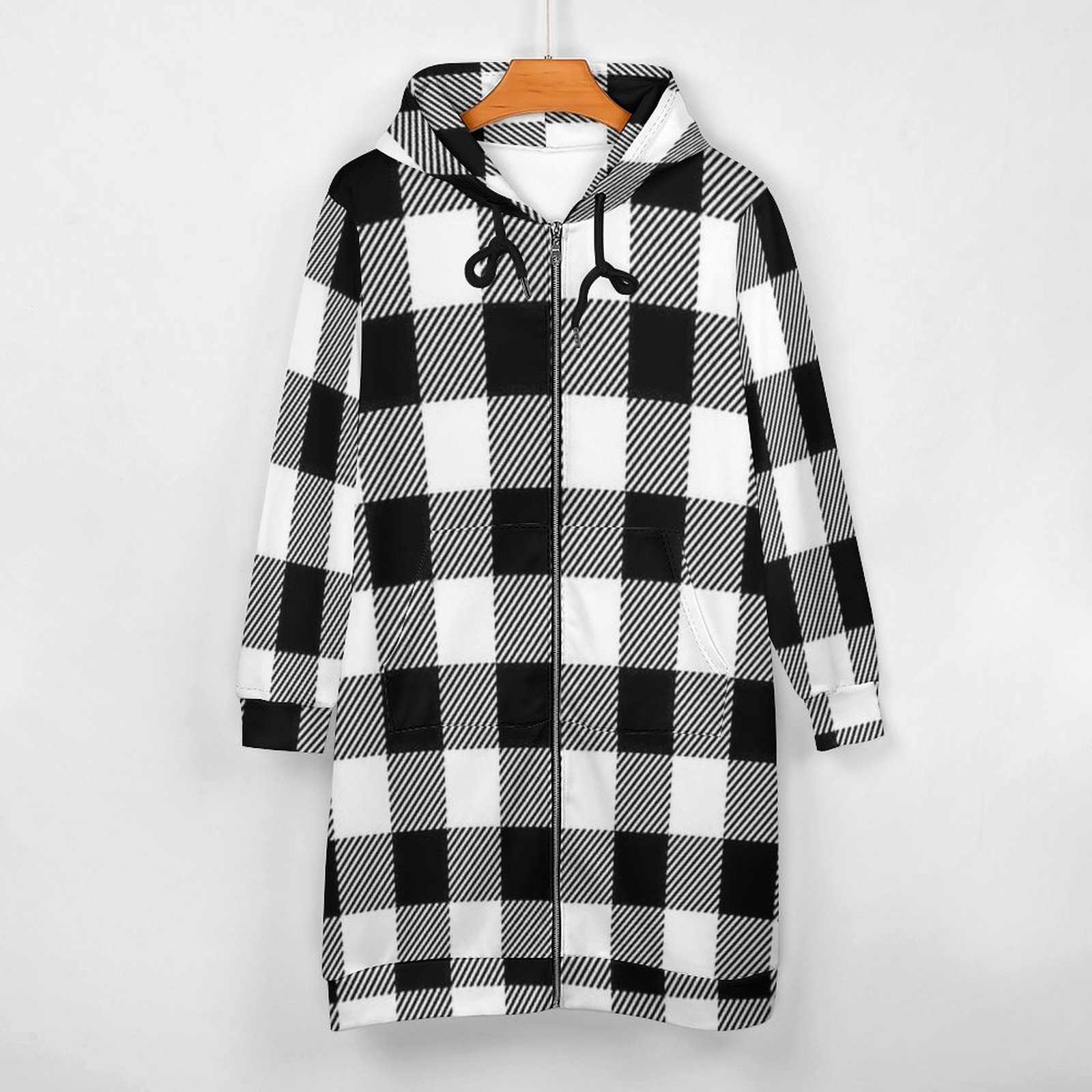 Black and White Buffalo Plaid Women's Hooded Sweatshirt Dress