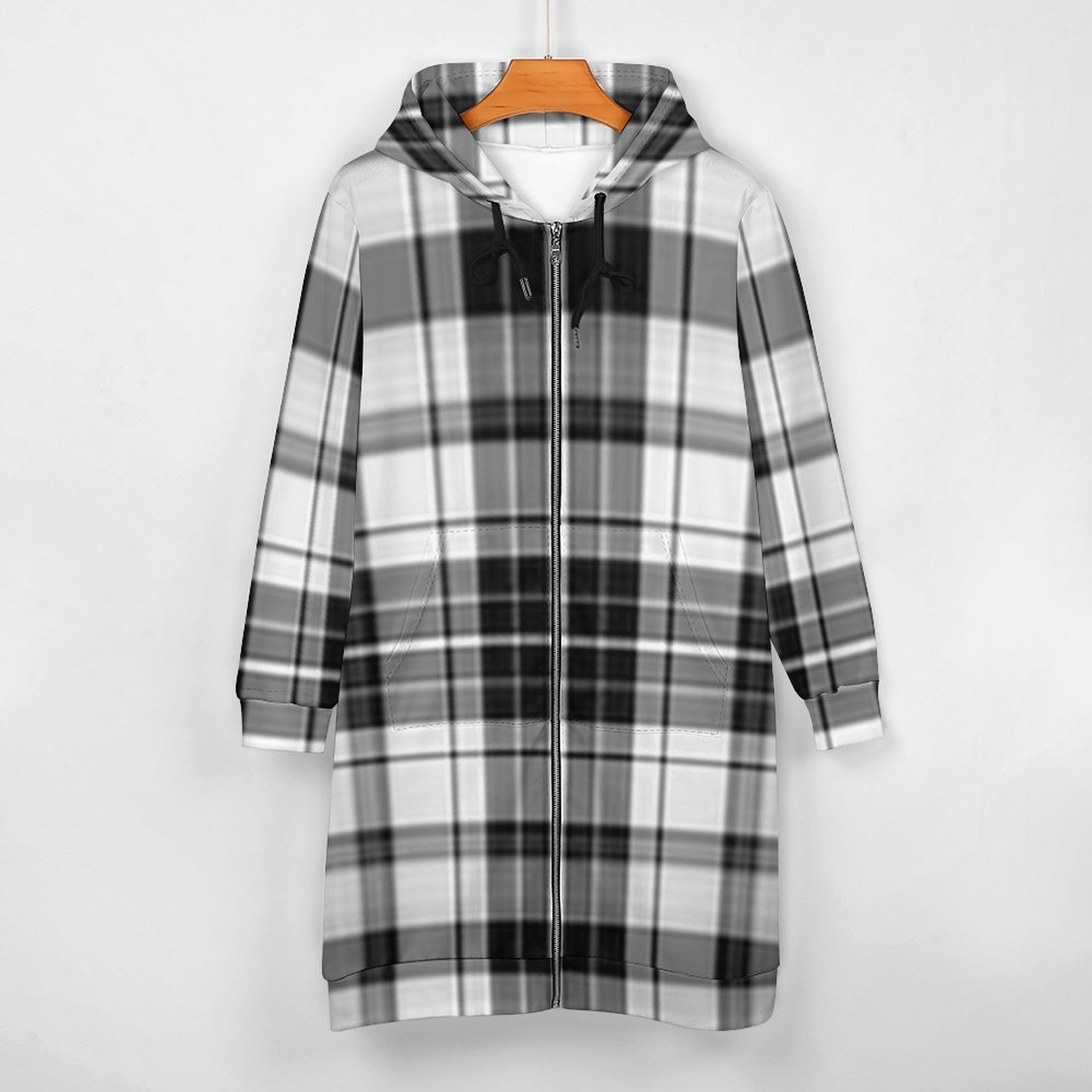 Black and White Plaid Women's Hooded Sweatshirt Dress