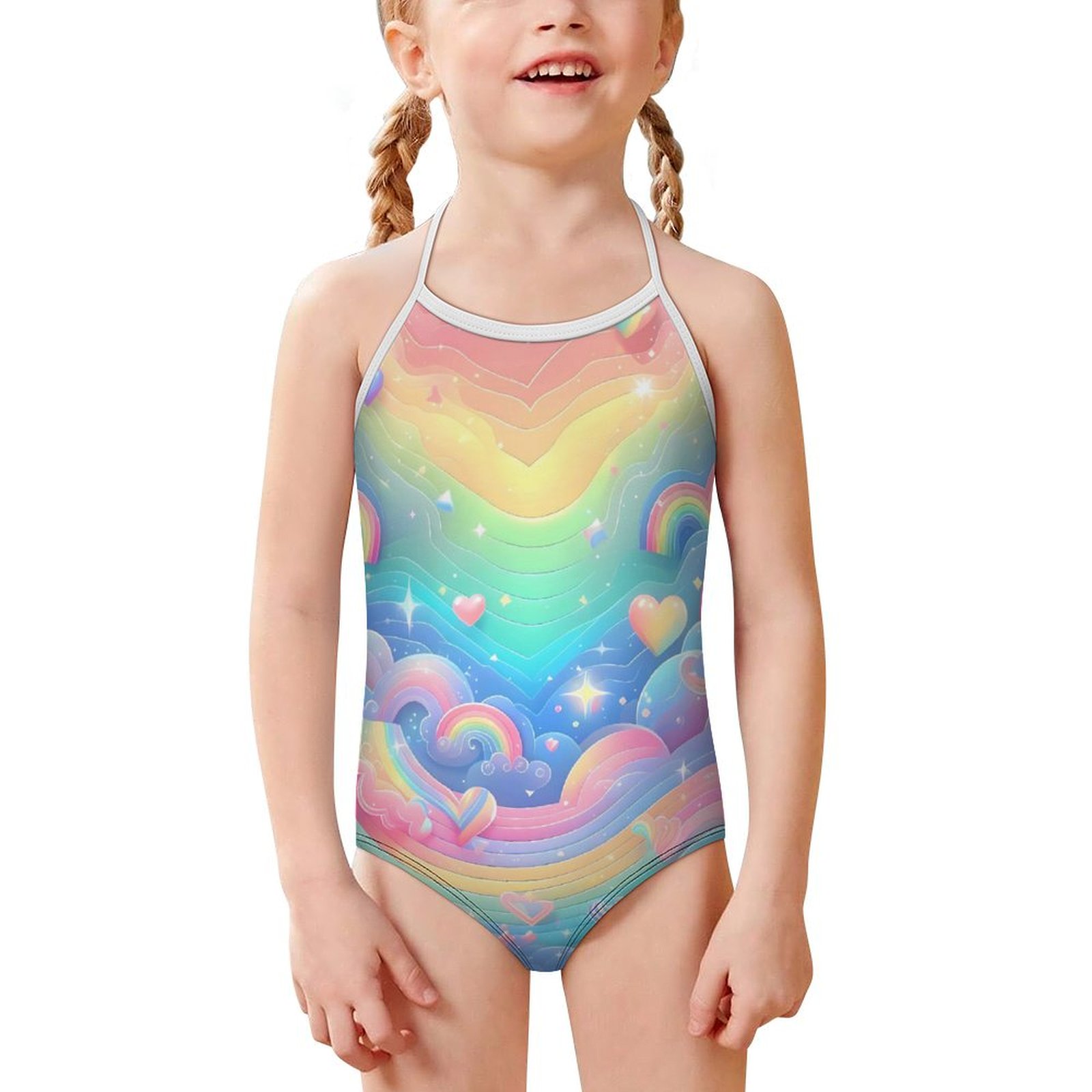 Beautiful rainbow fancy pattern one-shoulder swimsuit for kids