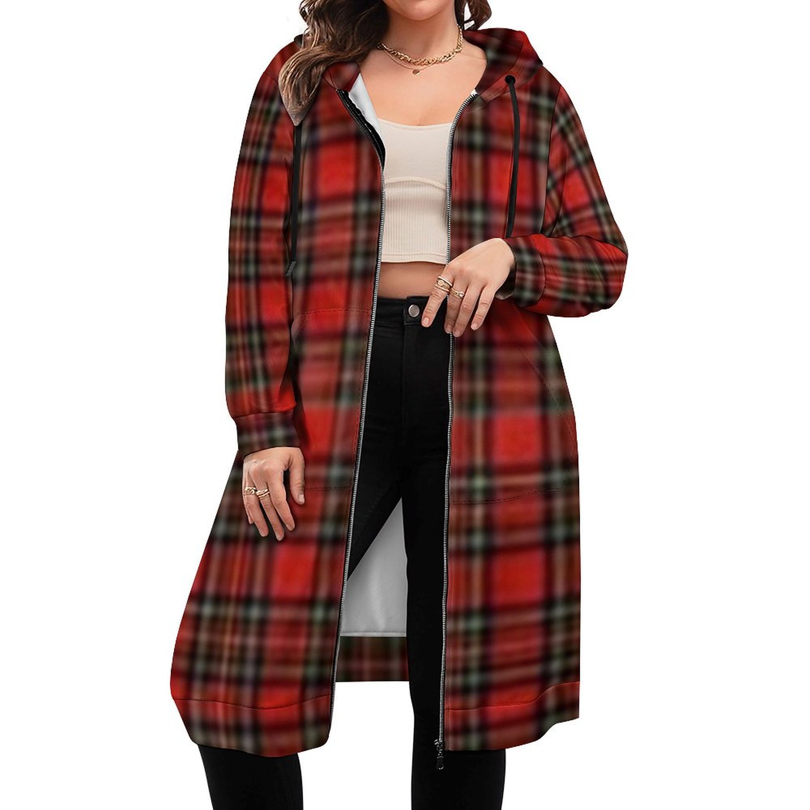 Red Plaid Women's Hooded Sweatshirt Dress