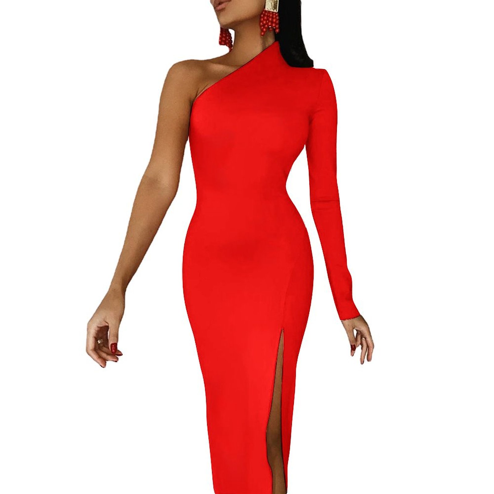 Half sleeve split dress One-Shoulder Slit Maxi Dress