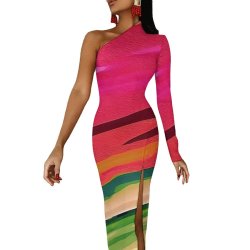 Half sleeve split dress One-Shoulder Slit Maxi Dress