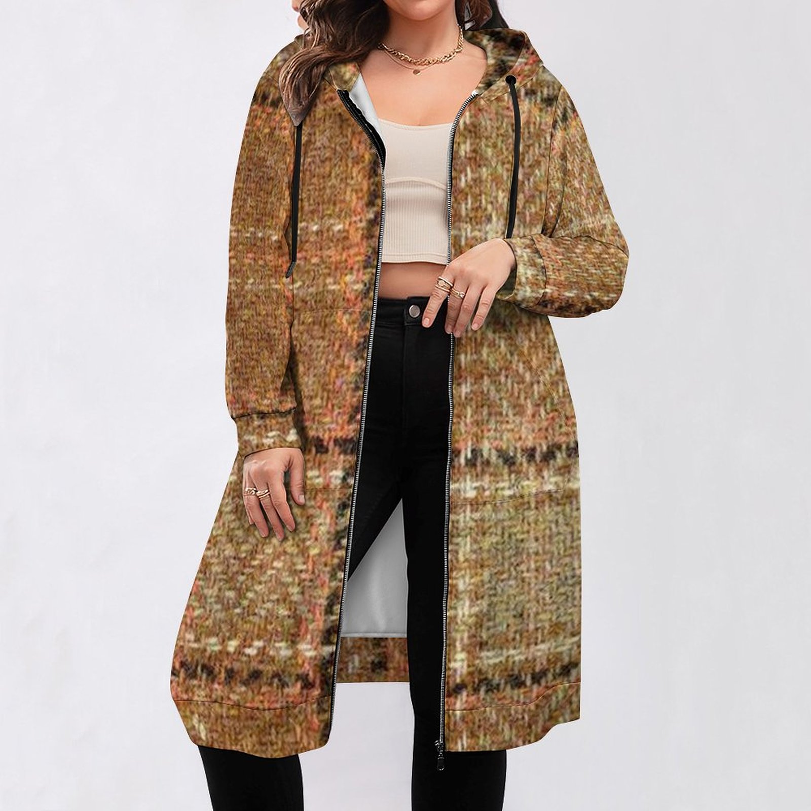 Tan Plaid Women's Hooded Sweatshirt Dress