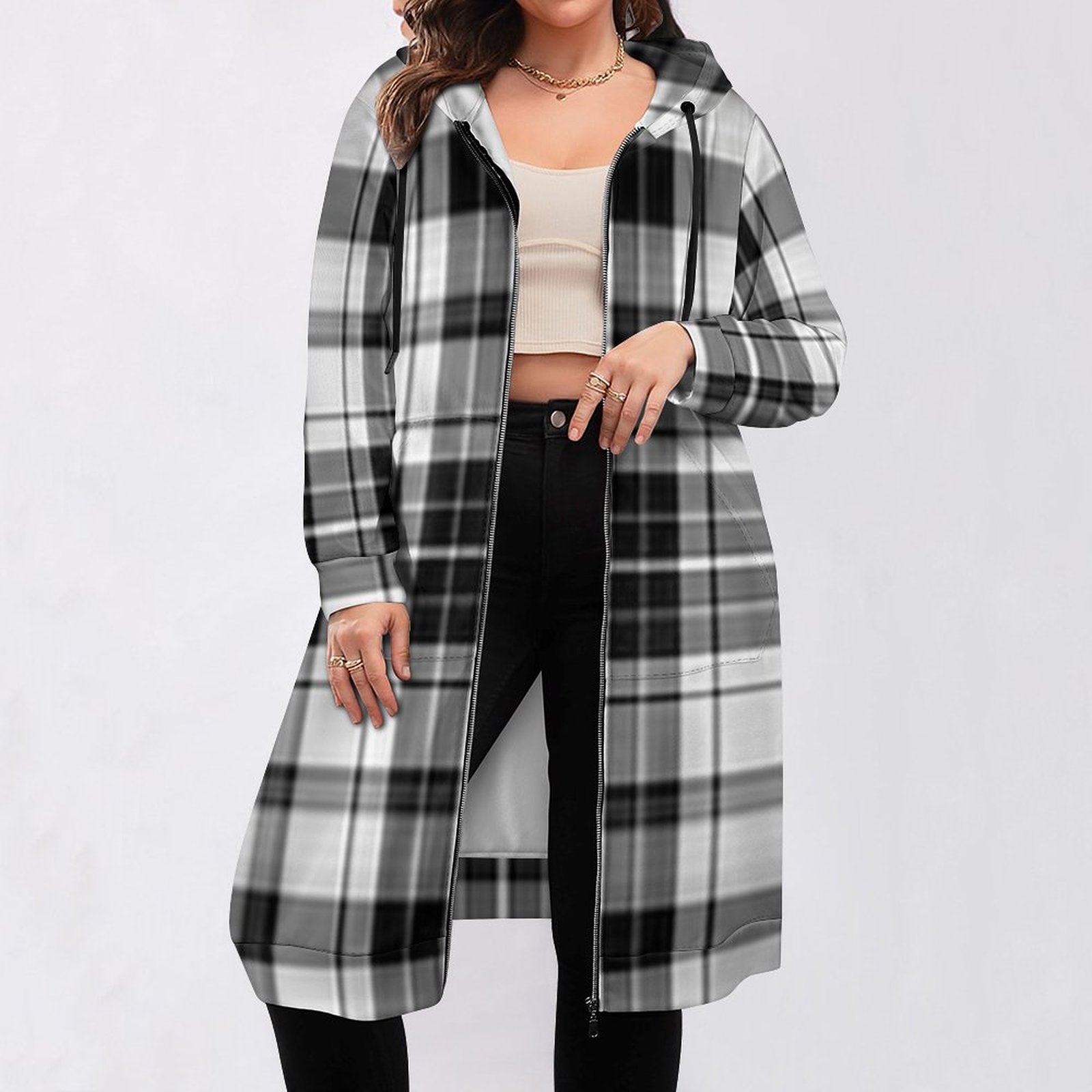 Black and White Plaid Women's Hooded Sweatshirt Dress