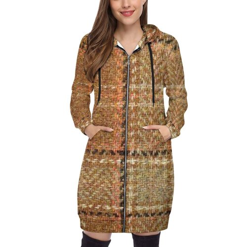 Tan Plaid Women's Hooded Sweatshirt Dress