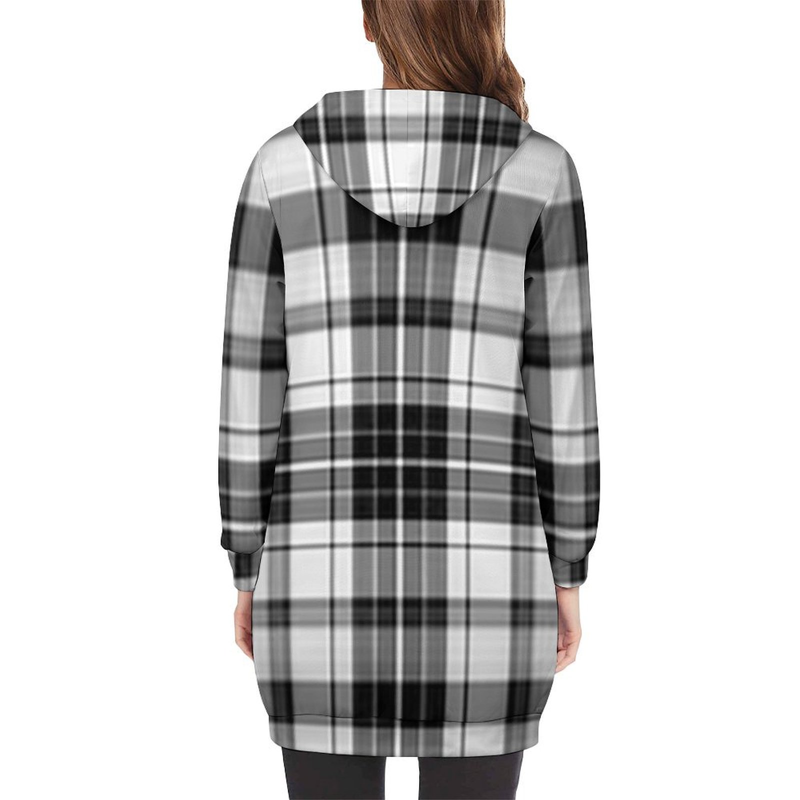 Black and White Plaid Women's Hooded Sweatshirt Dress