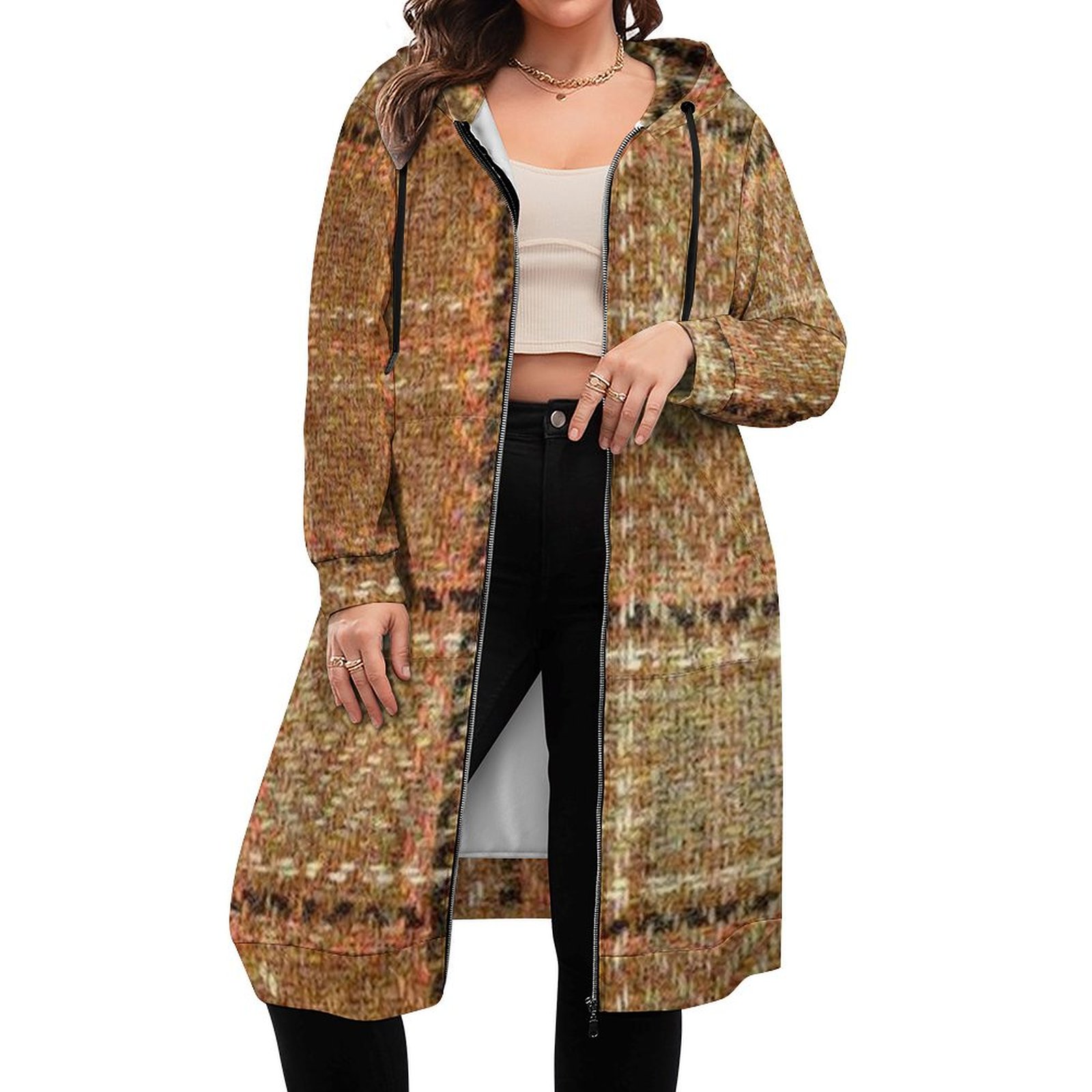 Tan Plaid Women's Hooded Sweatshirt Dress