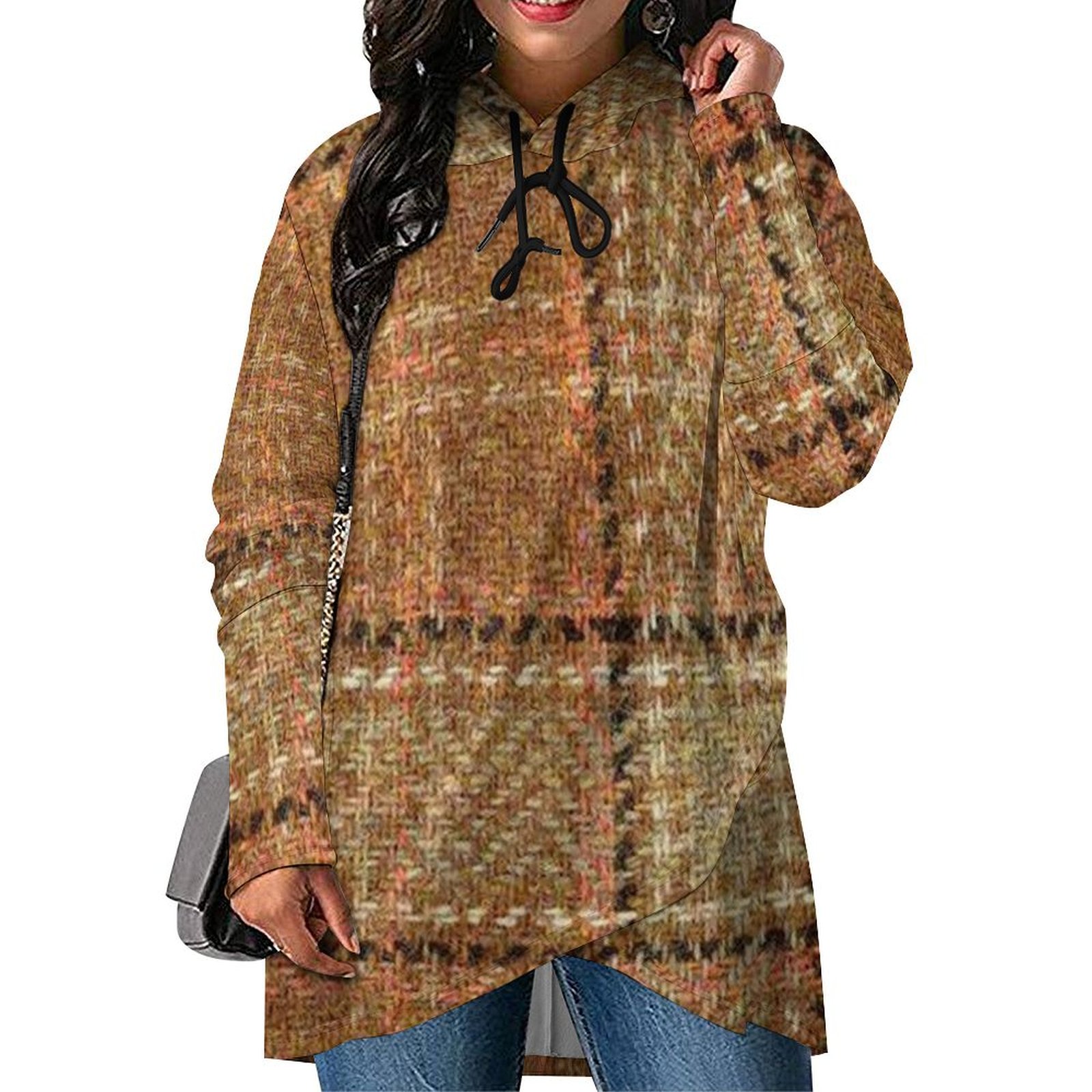 Tan Plaid Women's Mid-length Slim Fit Hoodie