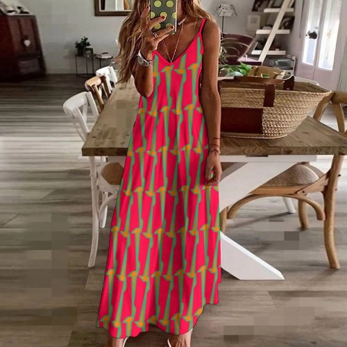 boho pink ornamental Spaghetti Strap Ankle-Length Dress