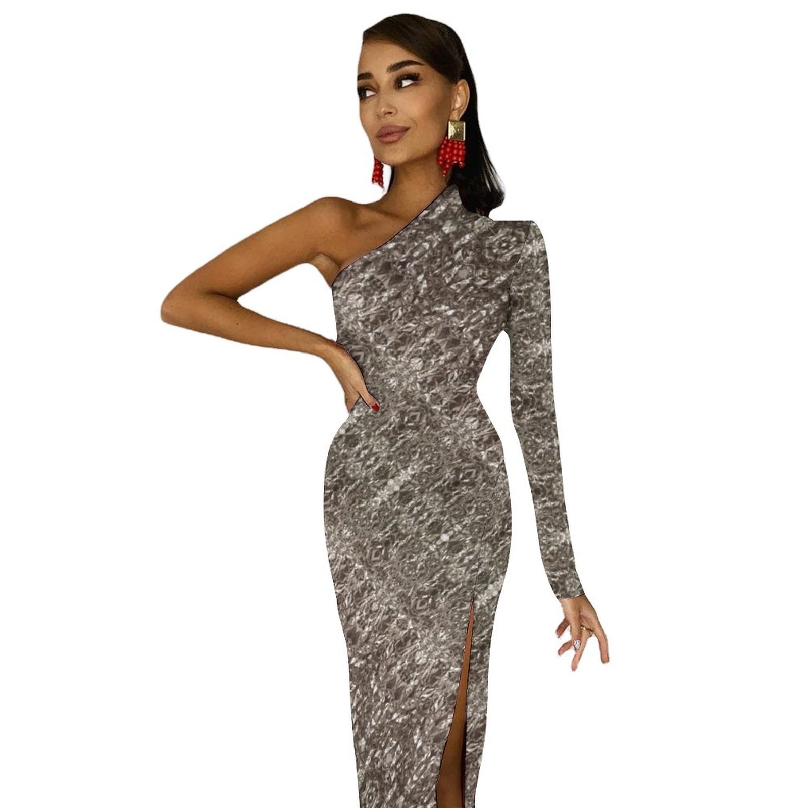 Crinkled Metallic Half Sleeve Split Dress One-Shoulder Slit Maxi Dress