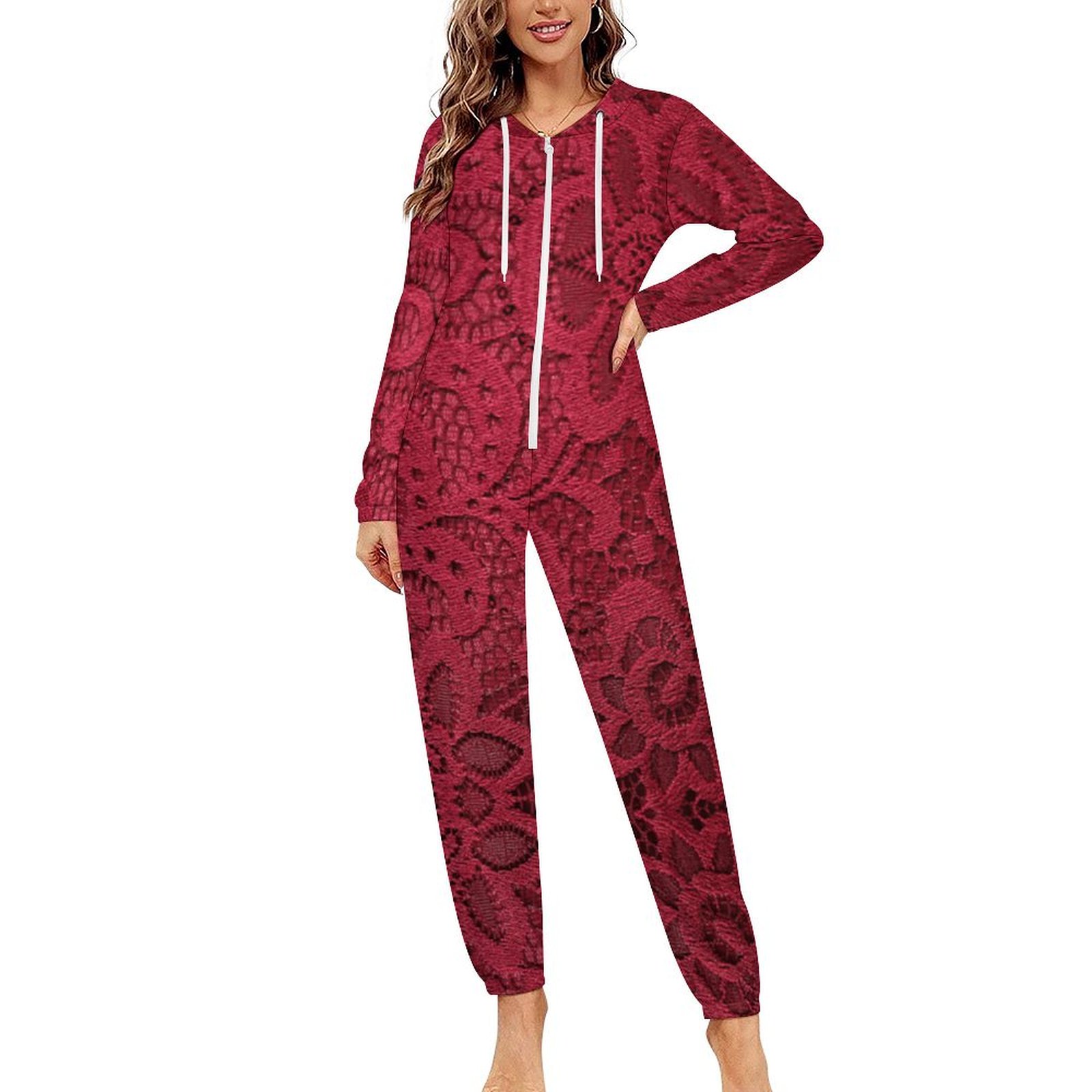 Burgundy Lace Print One-Piece Zip-Up Hooded Loungewear