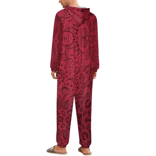 Burgundy Lace Print One-Piece Zip-Up Hooded Loungewear