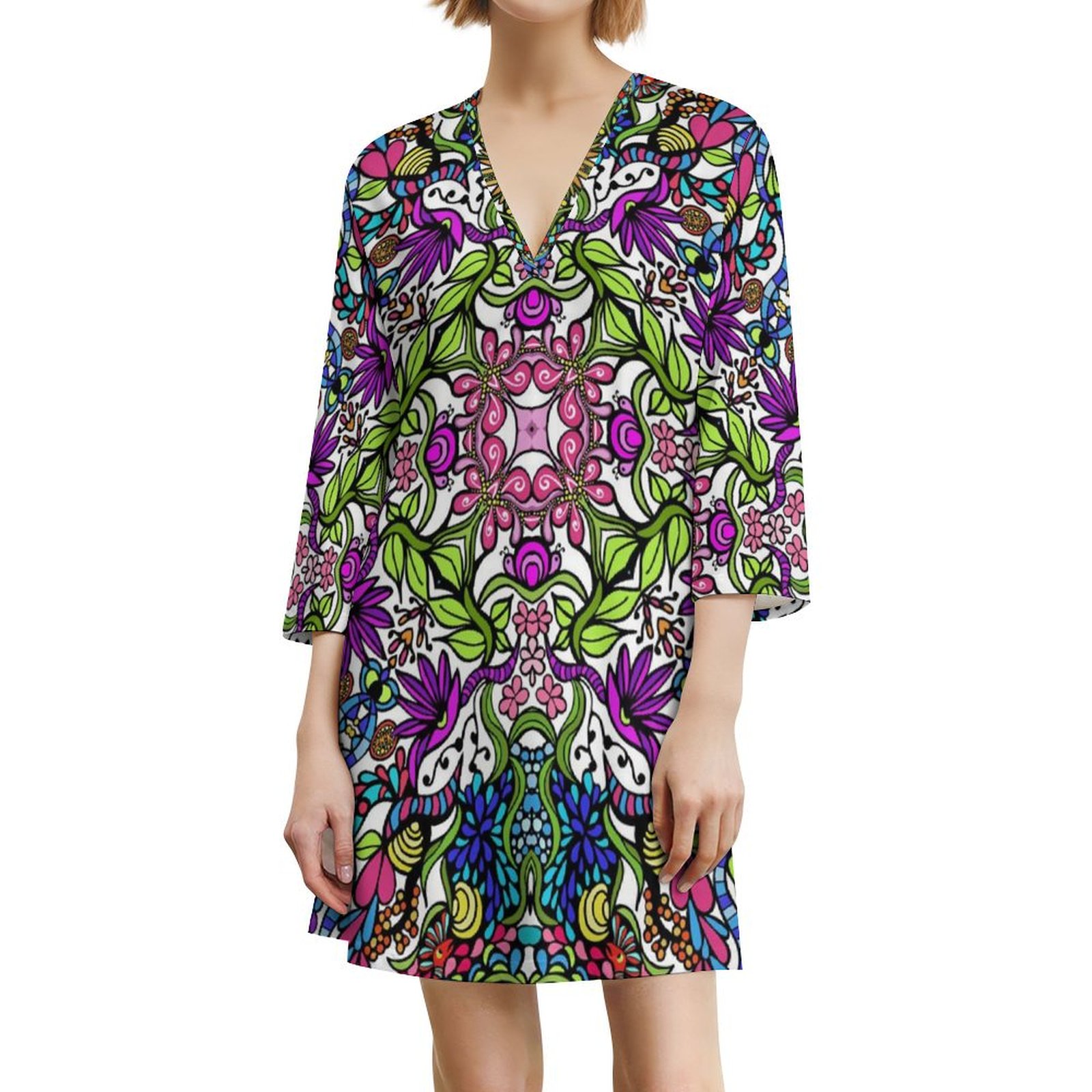 Ionian Oasis All-Over Print V-Neck Mini Dress