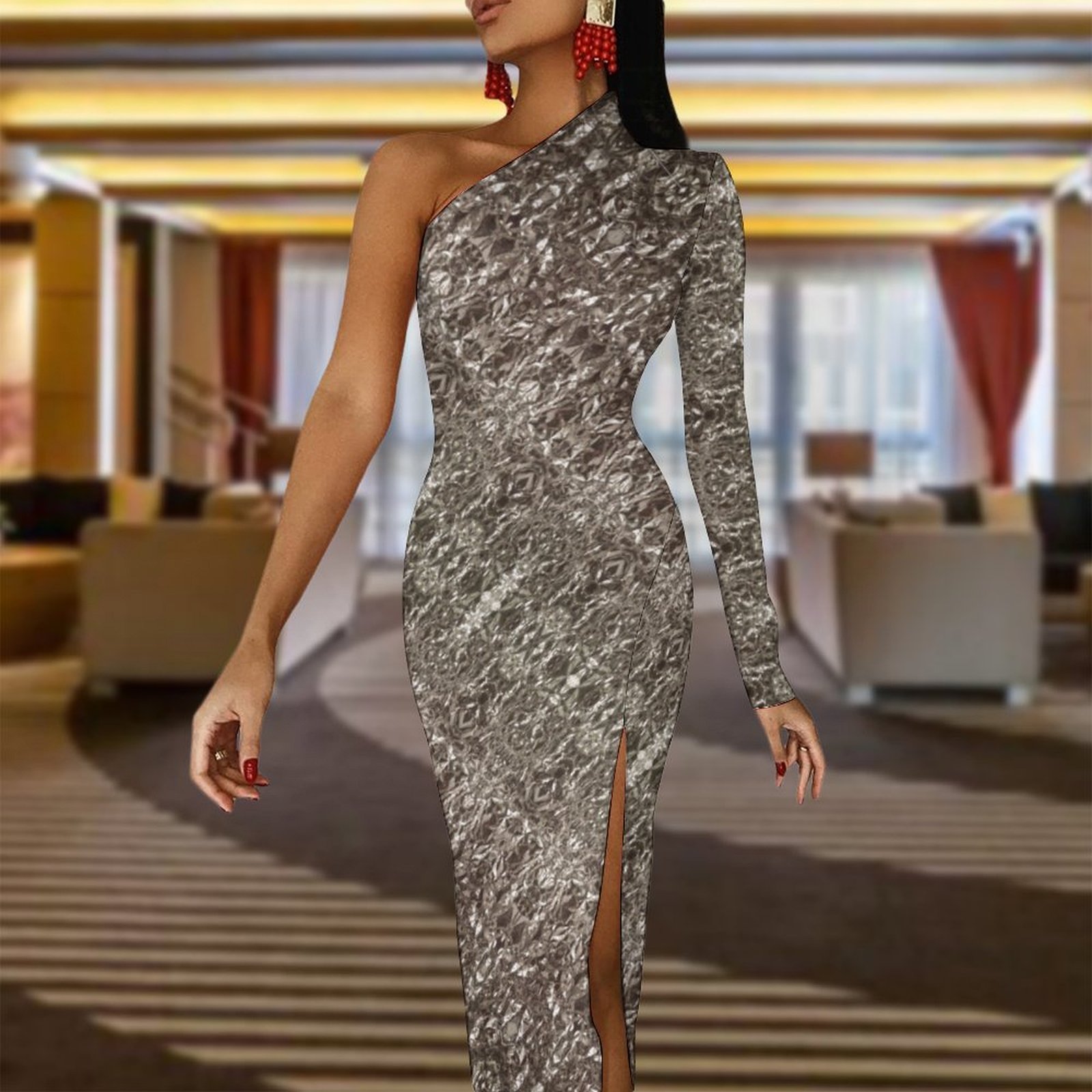 Crinkled Metallic Half Sleeve Split Dress One-Shoulder Slit Maxi Dress