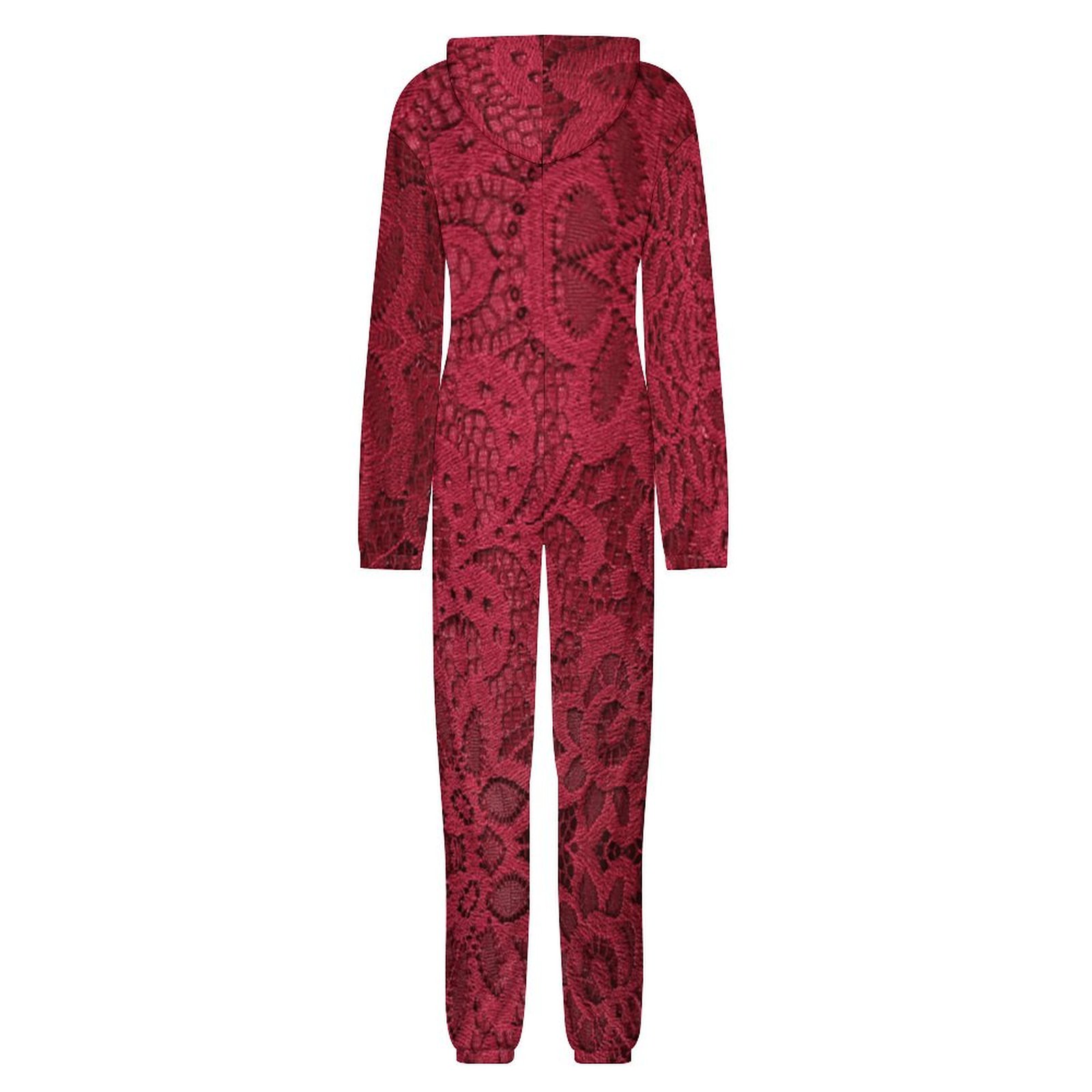 Burgundy Lace Print One-Piece Zip-Up Hooded Loungewear