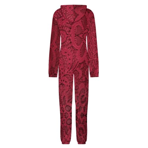 Burgundy Lace Print One-Piece Zip-Up Hooded Loungewear