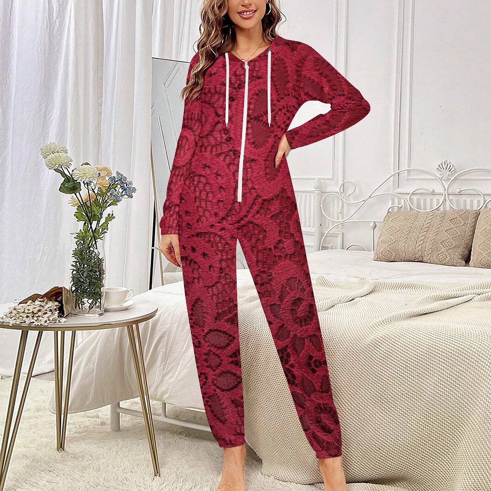 Burgundy Lace Print One-Piece Zip-Up Hooded Loungewear