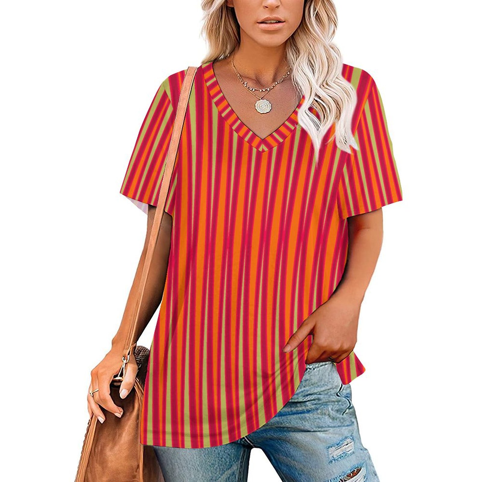 Tribal striped cream orange deep magenta Women's Short-Sleeve V-Neck T-Shirt