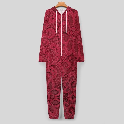 Burgundy Lace Print One-Piece Zip-Up Hooded Loungewear